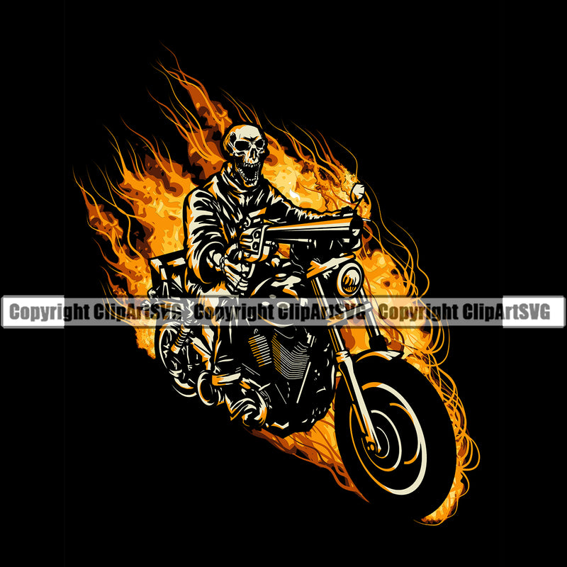 Motorcycle Bike Biker Cycle Chopper Motorbike Skull Body Ghost Rider Fire Design Element Black Background Ride Rider Racer Rider Transportation Vehicle Art Design Logo Clipart SVG