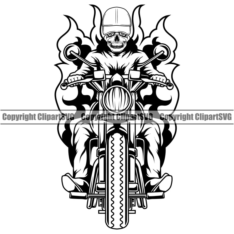 Motorcycle Bike Biker Cycle Chopper Motorbike Skull Body With Fire Design Element Ride Rider Racer Rider Transportation Vehicle Art Design Logo Clipart SVG