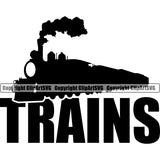 Train Transportation Steam Black Color Design With Trains Text Travel Locomotive Railroad Transport Old Rail Engine Travel Railway Vector Clipart SVG