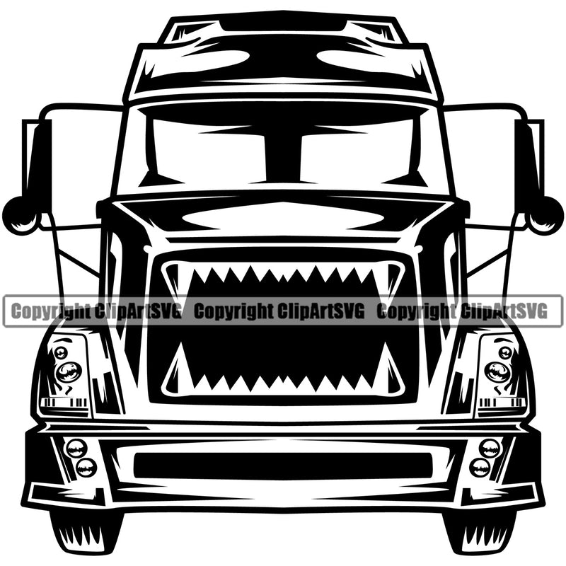 Transportation Truck Black Color Teeth Design Commercial Vehicle Move Moving Business Company Logo Trailer Big Rig 18 Wheeler Truck Driver Trucker Trucking Shipping Transport Cargo Clipart SVG