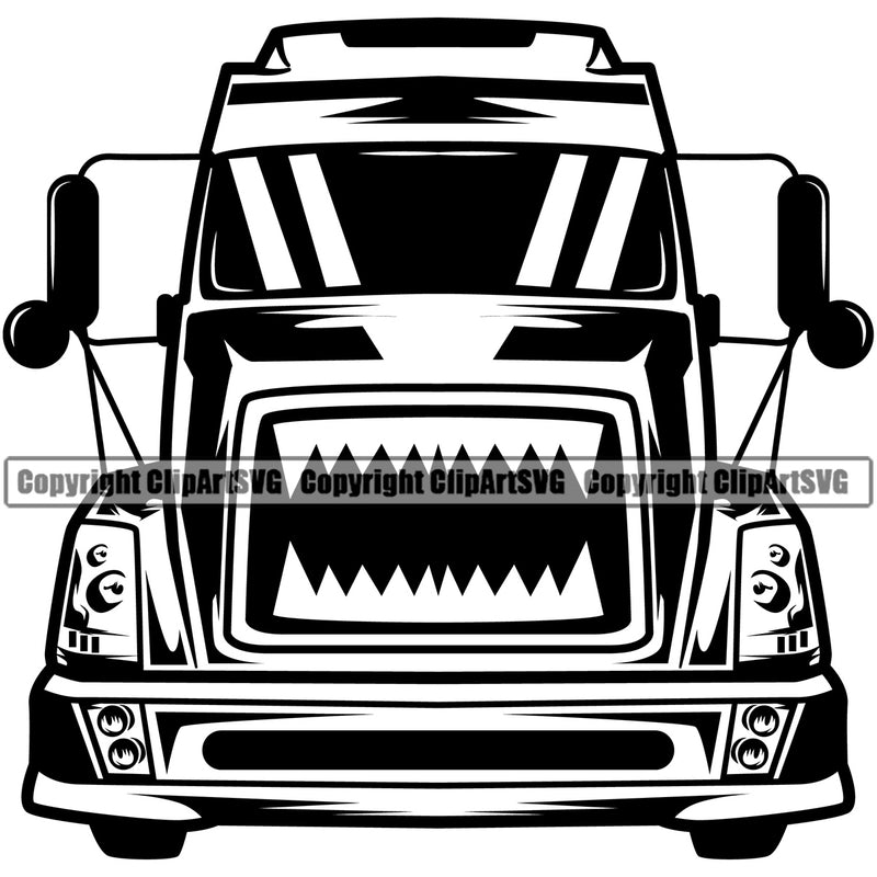 Transportation Truck Black Color Design Teeth Commercial Vehicle Move Moving Business Company Logo Trailer Big Rig 18 Wheeler Truck Driver Trucker Trucking Shipping Transport Cargo Vector Clipart SVG