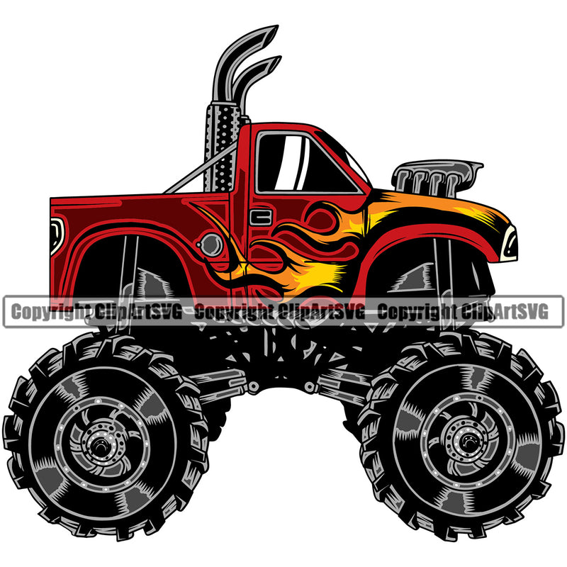 Transportation Truck Big Wheel Colorful Design Element Big 4x4 Auto Automotive Motorsport Offroad Off Road 4wd  Big Sport Sports Monster Truck Race Extreme Illustration Clipart SVG