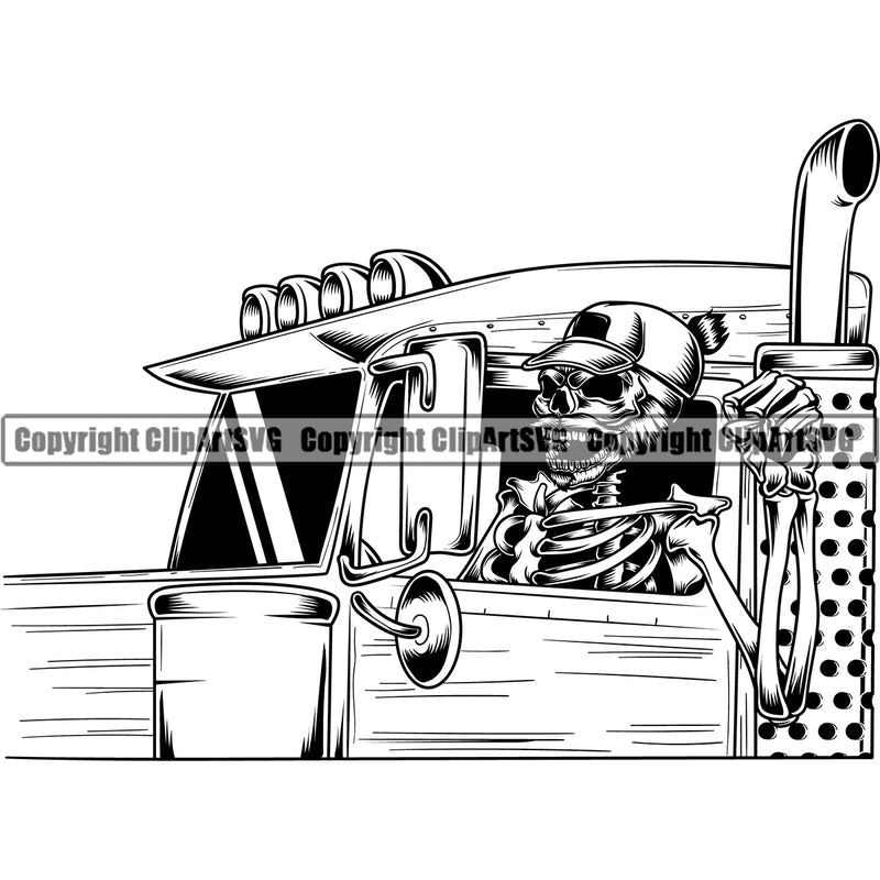 Transportation Truck Driver Skull Design Commercial Skeleton Vector Vehicle Move Moving Business Company Logo Big Rig 18 Wheeler Truck Driver Trucker Trucking Shipping Transport Clipart SVG
