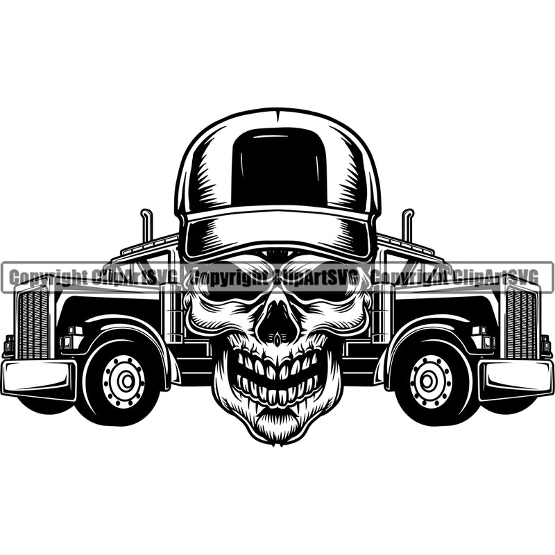 Transportation Truck Driver Skull Semi Tractor Skeleton Vector Trailer Big Rig 18 Wheeler Truck Driver Trucker Trucking Shipping Haul Hauler Business Company Logo Clipart SVG
