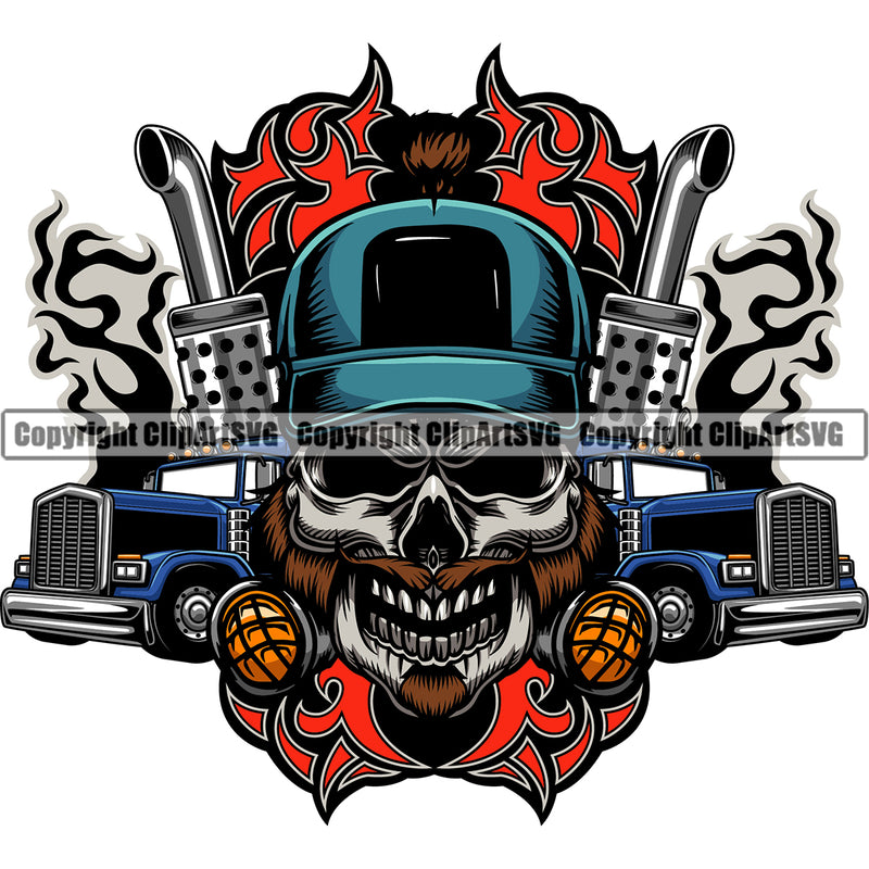 Transportation Truck Driver Skull Colorful Design Element Commercial Vehicle Move Moving Business Company Logo Semi Tractor Trailer Big Rig 18 Wheeler Truck Driver Trucker Trucking Shipping Vector Clipart SVG