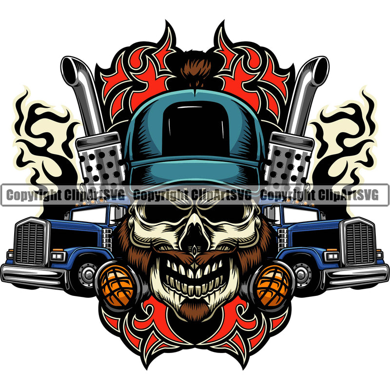 Transportation Truck Driver Skull Commercial Skeleton Vector Vehicle Move Moving Business Company Logo Trailer Big Rig 18 Wheeler Truck Driver Trucker Trucking Shipping Transport Cargo Vector Clipart SVG