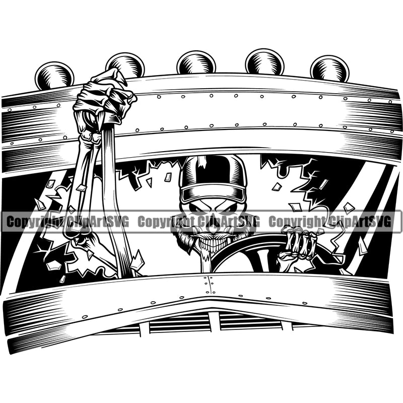 Transportation Truck Driver Skull Design Skeleton Vector Semi Tractor Trailer Big Rig 18 Wheeler Truck Driver Trucker Trucking Shipping Vehicle Move Moving Business Company Logo Clipart SVG