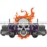 Transportation Truck Skull Head Fire Design Element Skeleton Vehicle Move Moving Business Company Logo Color Semi Tractor Trailer Big Rig 18 Wheeler Truck Driver Cargo Clipart SVG
