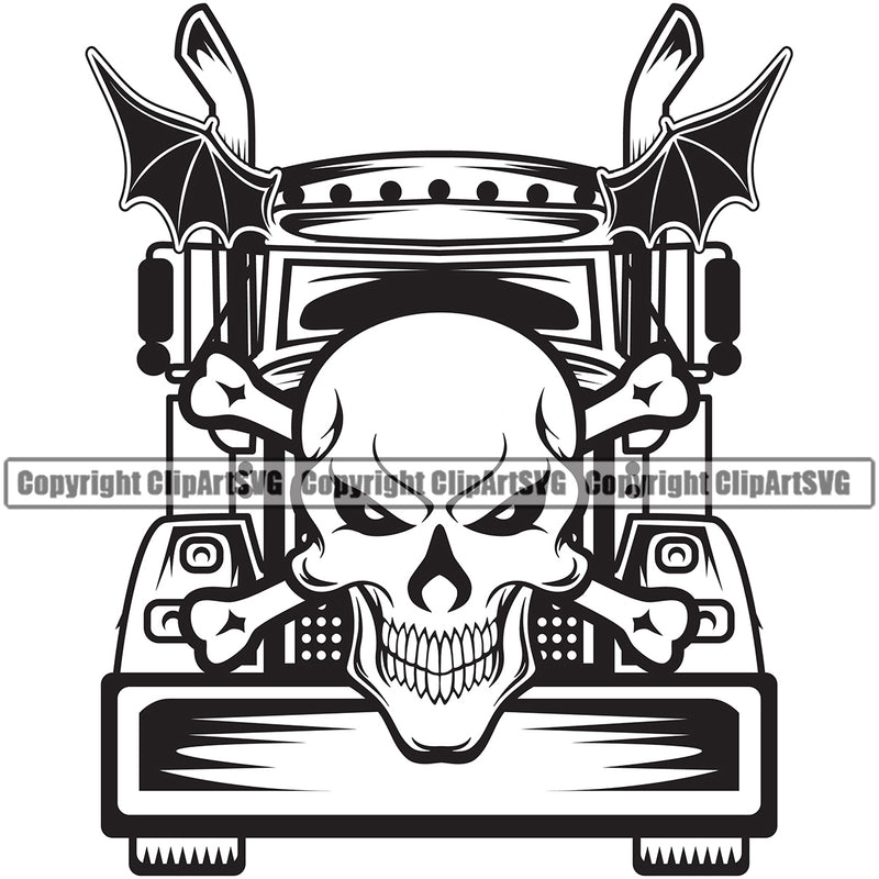 Transportation Truck Skull Head Skeleton Design Commercial Vehicle Move Moving Business Company Logo Semi Tractor Trailer Big Rig 18 Wheeler Truck Driver Cargo Clipart SVG
