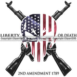 USA Flag Machine Guns Rifles Crossed Weapon Rights United States America Liberty Or Death 2nd Amendment 1789 Quote Skull Skeleton Color Head White Background Design Element American Military Army Art Design Logo Clipart SVG