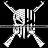 USA Flag Machine Guns Rifles Crossed Weapon Rights United States America Death Skeleton Skull Black Background Design Element 2nd Amendment American Military Army Art Design Logo Clipart SVG