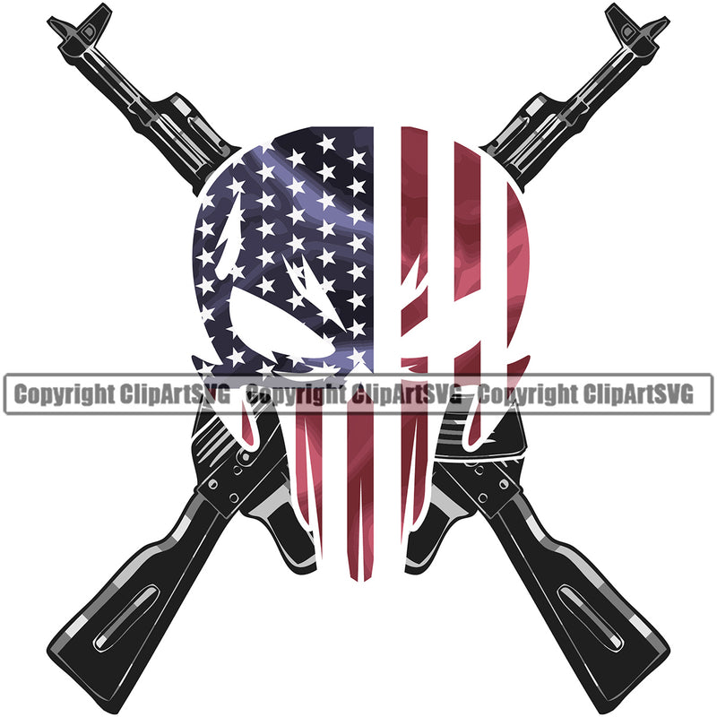 USA Flag Machine Guns Rifles Crossed Weapon Rights United States America Death Skeleton Skull Head Color Design Element 2nd Amendment American Military Army Art Design Logo Clipart SVG