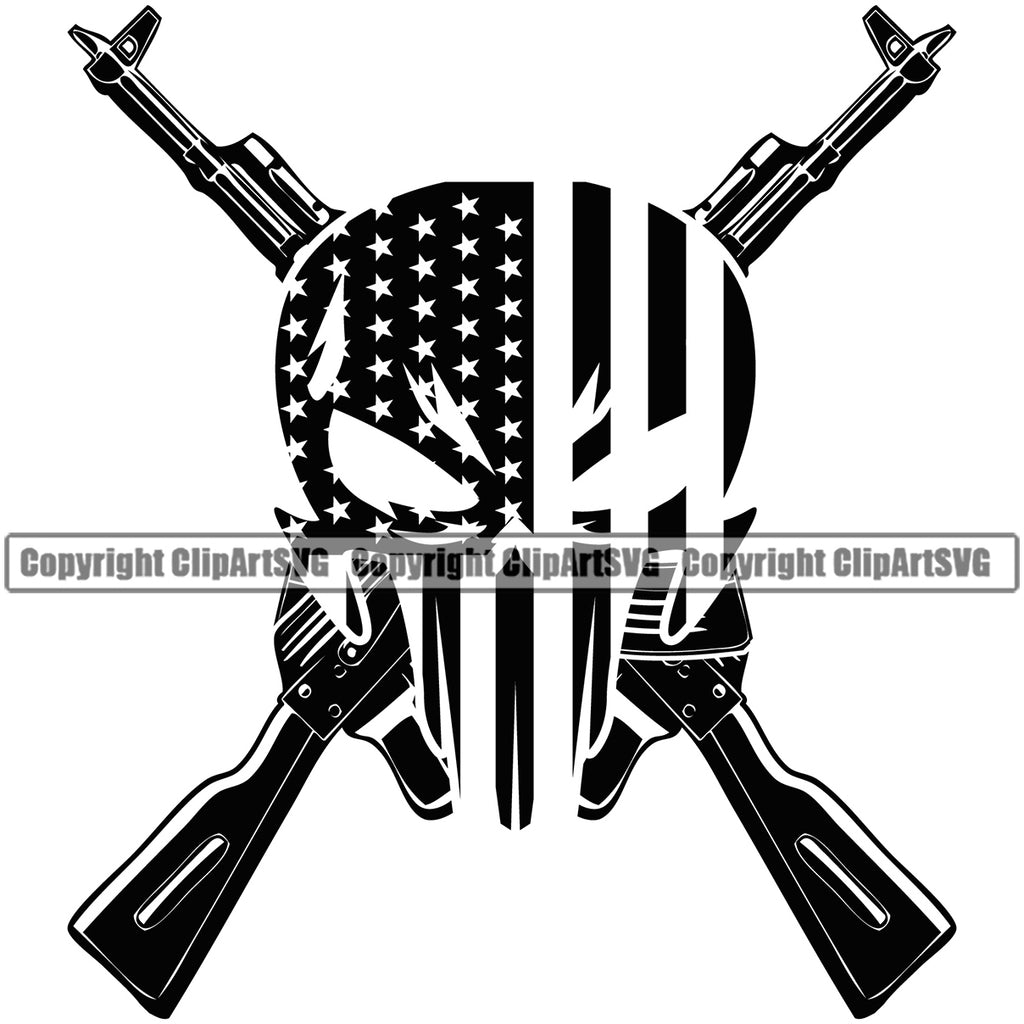 USA Flag Machine Guns Rifles Crossed Weapon Rights United States America Death Skull Skeleton Black Color White Background Design Element 2nd Amendment American Military Army Art Design Logo Clipart SVG