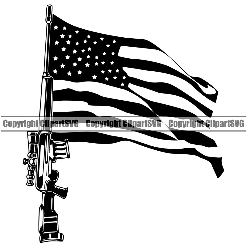 USA Flag Machine Gun Rifle Pole Weapon Rights United States America Flag White Background Design Element 2nd Amendment American Military Army Art Design Logo Clipart SVG