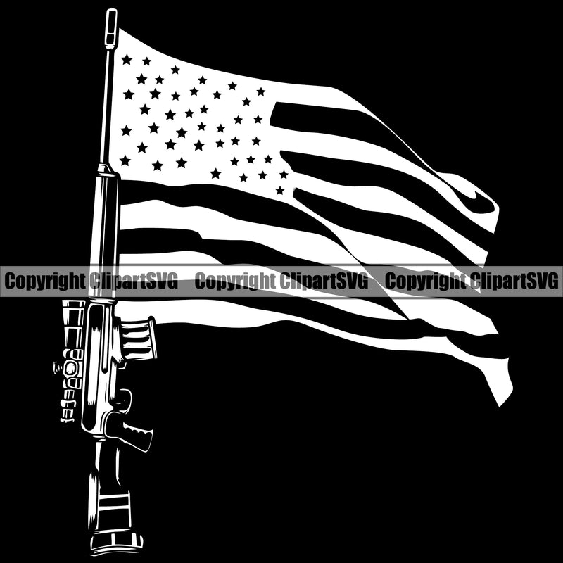 USA Flag Machine Gun Rifle Pole Weapon Rights United States America Machine Gun Black Background Design Element 2nd Amendment American Military Army Art Design Logo Clipart SVG