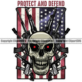 USA Flag Automatic Machine Gun Rifles Weapon Rights United States America 2nd Amendment Protect And Defend Skull Skeleton Color Flag Design Element American Military Army Art Design Logo Clipart SVG