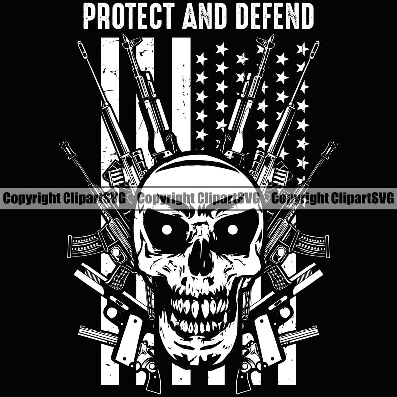 USA Flag Automatic Machine Gun Rifles Weapon Rights United States America 2nd Amendment Protect And Defend Quote Text Design Element Skull American Military Army Art Design Logo Clipart SVG