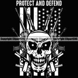 USA Flag Automatic Machine Gun Rifles Weapon Rights United States America 2nd Amendment Protect And Defend Quote Text Design Element Skull American Military Army Art Design Logo Clipart SVG