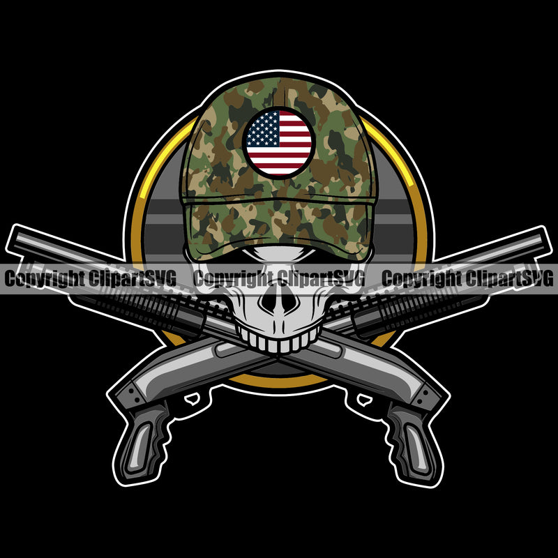 USA Flag Gun Weapon Rights United States America Army Skull Skeleton Camo Camouflage Hunt Hunting Hunter Shotgun In Mouth Black Color Design Element 2nd Amendment American Military Army Art Design Logo Clipart SVG