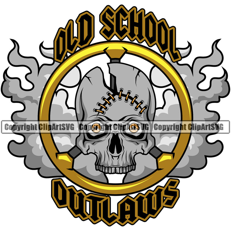Biker Gang Motorcycle Chopper Motor Bike Garage Mechanic USA Flag Gun Weapon Rights United States America 2nd Amendment Skull Skeleton Fractured Head Old School Outlaws Design Element Design Element American Military Army Art Design Logo Clipart SVG