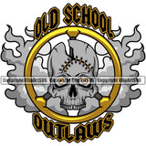 Biker Gang Motorcycle Chopper Motor Bike Garage Mechanic USA Flag Gun Weapon Rights United States America 2nd Amendment Skull Skeleton Fractured Head Old School Outlaws Design Element Design Element American Military Army Art Design Logo Clipart SVG