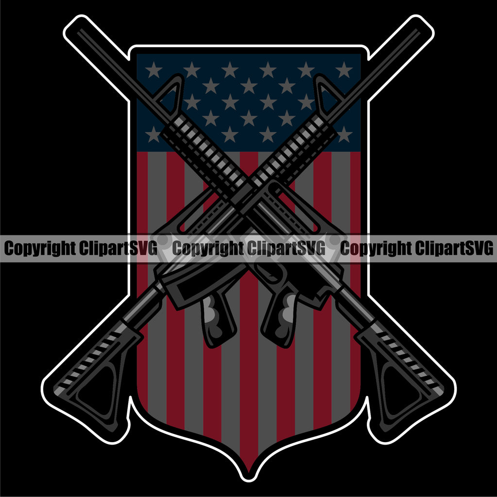 USA Flag Machine Guns Rifles Crossed Weapon Rights United States America Gun Flag Design Element Black Background Color 2nd Amendment American Military Army Art Design Logo Clipart SVG
