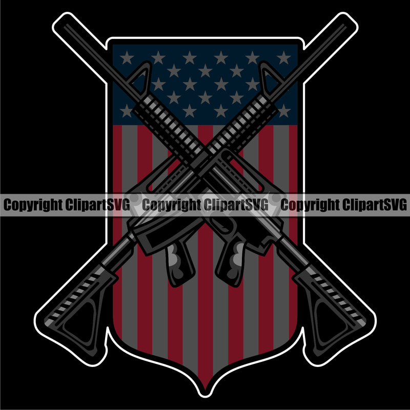 USA Flag Machine Guns Rifles Crossed Weapon Rights United States America Gun Flag Design Element Black Background Color 2nd Amendment American Military Army Art Design Logo Clipart SVG