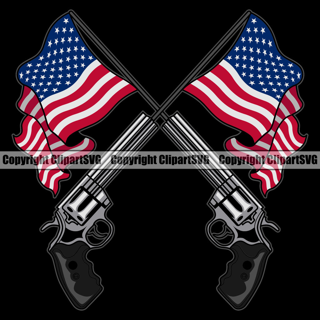 USA Flag Coming Out Of Gun Pistol Barrel Pole Weapon Rights United States America 2nd Gun Flag Color Design Element Black Background Amendment American Military Army Art Design Logo Clipart SVG