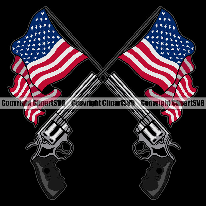 USA Flag Coming Out Of Gun Pistol Barrel Pole Weapon Rights United States America 2nd Gun Flag Color Design Element Black Background Amendment American Military Army Art Design Logo Clipart SVG