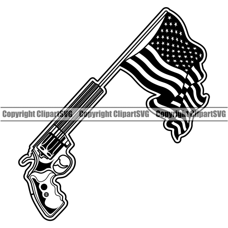 USA Flag Coming Out Of Gun Pistol Barrel Pole Weapon Rights United States America Piston Gun Flag Design Element 2nd Amendment American Military Army Art Design Logo Clipart SVG