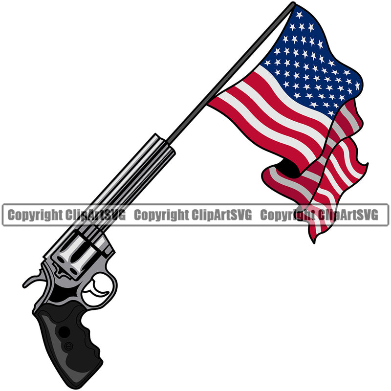 USA Flag Coming Out Of Gun Pistol Barrel Pole Weapon Rights United States America Piston Gun Flag Design Element Color Flag White Background 2nd Amendment American Military Army Art Design Logo Clipart SVG