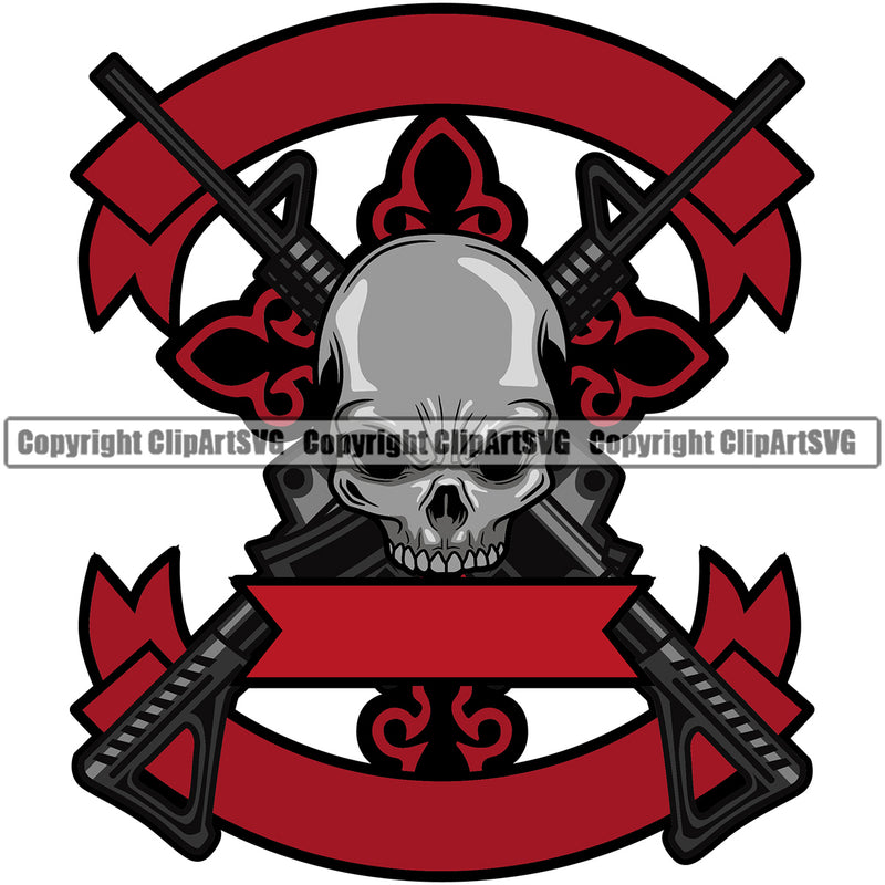 USA Flag Gun Weapon Rights United States America Skull Skeleton Head Black Empty Ribbon Banner Red Color And White Background Design Element 2nd Amendment American Military Army Art Design Logo Clipart SVG