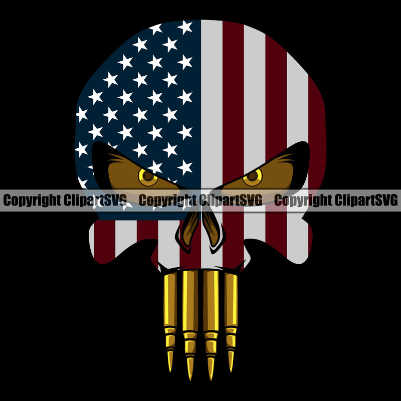 USA Flag Gun Weapon Rights United States Skull Skeleton Bullet Teeth Ammo Ammunition America Flag Black Background Design Element 2nd Amendment American Military Army Art Design Logo Clipart SVG
