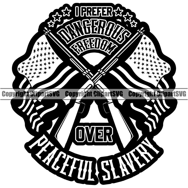 USA Flag Gun Rifle Barrel Pole Weapon Rights United States America 2nd Amendment Peaceful Slavery Quote Text Design Element American Military Army Art Design Logo Clipart SVG