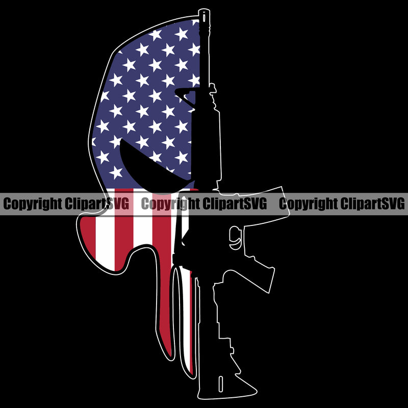 USA Flag Gun Weapon Rights United States America Half Skeleton Head Skull Color Design Element Black Color 2nd Amendment American Military Army Art Design Logo Clipart SVG