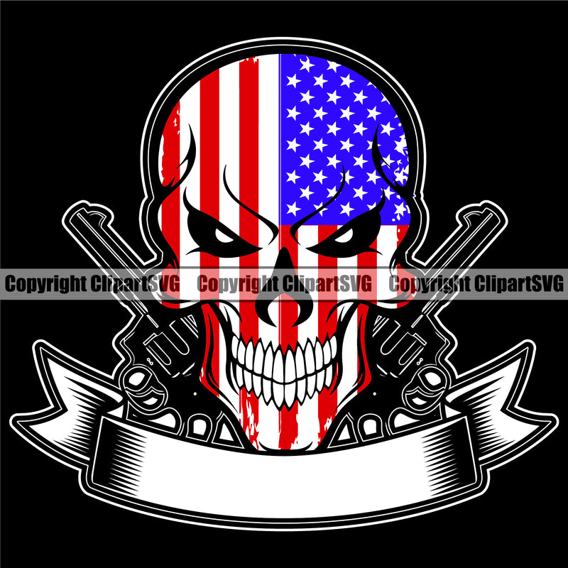 USA Flag Gun Weapon Rights United States America Skull Skeleton Skull Skeleton Banner Ribbon Empty Blank Color Head Black Background Design Element 2nd Amendment American Military Army Art Design Logo Clipart SVG