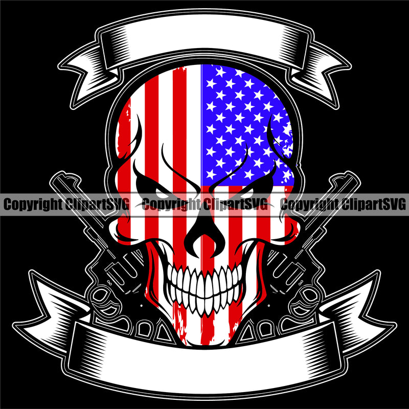USA Flag Gun Weapon Rights United States America Skull Skeleton Banner Ribbon Empty Blank Angry Face Design Element 2nd Amendment American Military Army Art Design Logo Clipart SVG