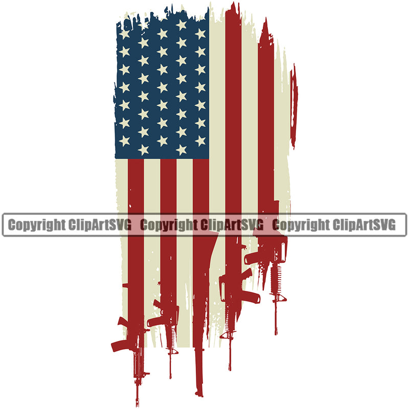 Distressed USA Flag Machine Gun Rifle Stripes Weapon Rights United States America 2nd Amendment Flag Color Design Element White Background American Military Army Art Design Logo Clipart SVG