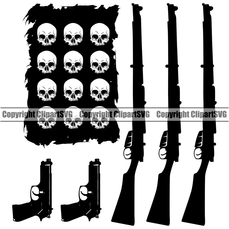 Distressed USA Flag Machine Gun Rifle Stripes Skull Skeleton Stars Weapon Rights United States America Short Gun And Bullets Black Color Design Element 2nd Amendment American Military Army Art Design Logo Clipart SVG