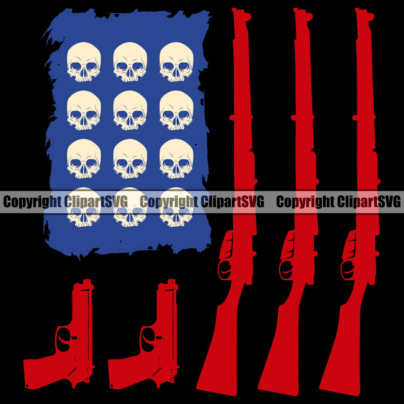 Distressed USA Flag Machine Gun Rifle Stripes Skull Skeleton Stars Weapon Rights United States America Short Gun Red Color Bullet Black Color Background Design Element 2nd Amendment American Military Army Art Design Logo Clipart SVG