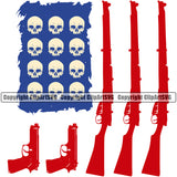 Distressed USA Flag Machine Gun Rifle Stripes Skull Skeleton Stars Weapon Rights United States America 2nd Amendment Red Color Gun Design Element Blue Color Bullet White Color Background American Military Army Art Design Logo Clipart SVG