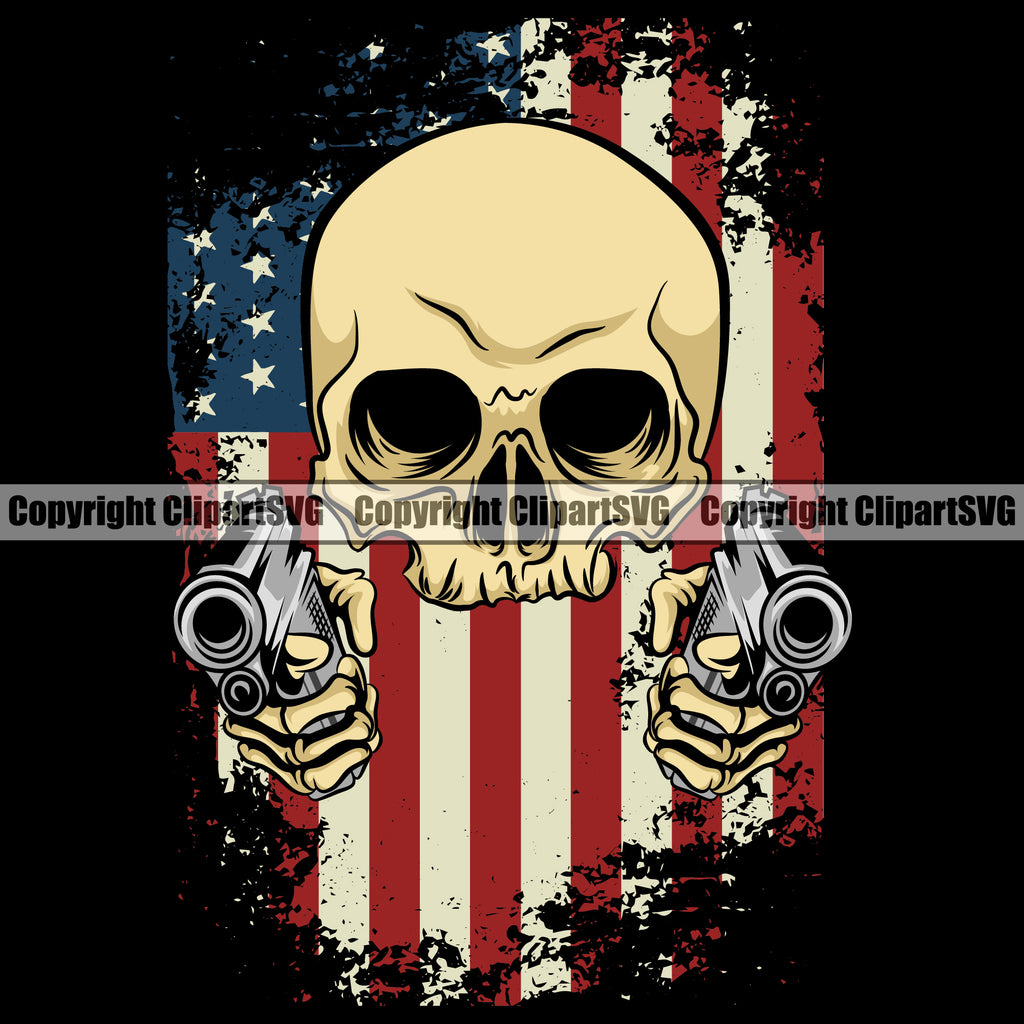 Distressed USA Flag Gun Weapon Rights United States America 2nd Amendment Skull Skeleton Color Flag Design Element Black Background American Military Army Art Design Logo Clipart SVG