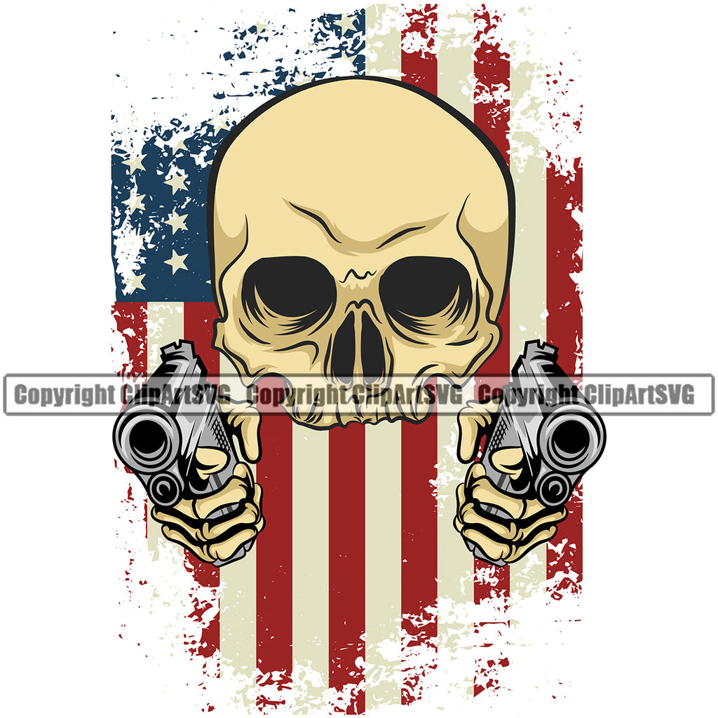 Distressed USA Flag Gun Weapon Rights United States America 2nd Amendment Skull Skeleton Color Flag Design Element Hand Gun American Military Army Art Design Logo Clipart SVG