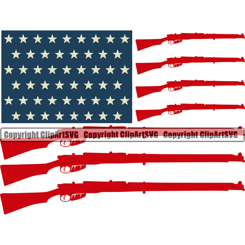 Distressed USA Flag Machine Gun Rifle Stripes Weapon Rights United States America 2nd Amendment American Gun Red Color Bullet Hole Blue Color Design Element White Background Military Army Art Design Logo Clipart SVG