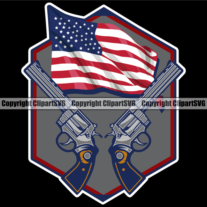 USA Flag Gun Weapon Rights United States America 2nd Amendment American Double Pistol Gul Color Design Element Black Background Military Army Art Design Logo Clipart SVG