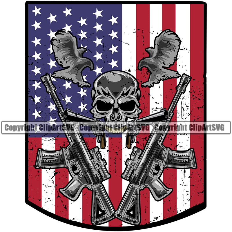 Distressed USA Flag Machine Gun Rifle Eagle Weapon Rights United States America 2nd Amendment Skull Gun Color Flag Design Element American Military Army Art Design Logo Clipart SVG