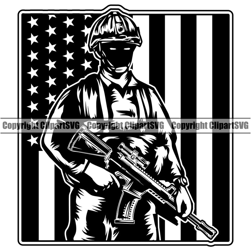 USA Flag Veteran Soldier Uniform Holding Machine Gun Rifle Weapon Rights United States America Army Under USA Flag Design Element 2nd Amendment American Military Army Art Design Logo Clipart SVG