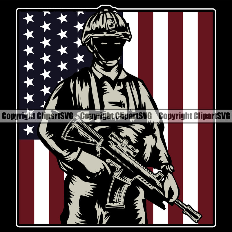USA Flag Veteran Soldier Uniform Holding Machine Gun Rifle Weapon Rights United States America Army Under USA Flag Color Design Element 2nd Amendment American Military Army Art Design Logo Clipart SVG