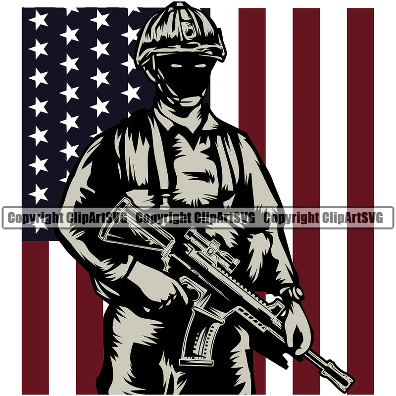 USA Flag Veteran Soldier Uniform Holding Machine Gun Rifle Weapon Rights United States America Army Under USA Color Flag Design Element 2nd Amendment American Military Army Art Design Logo Clipart SVG