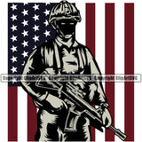 USA Flag Veteran Soldier Uniform Holding Machine Gun Rifle Weapon Rights United States America Army Under USA Color Flag Design Element 2nd Amendment American Military Army Art Design Logo Clipart SVG
